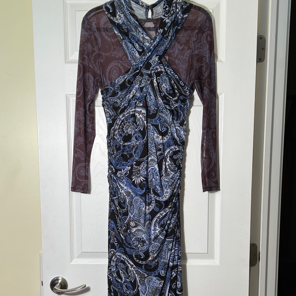 NEW by Anthropologie Stretchy Ruched Modest Modern Dress/Sheer Sleeves Size M